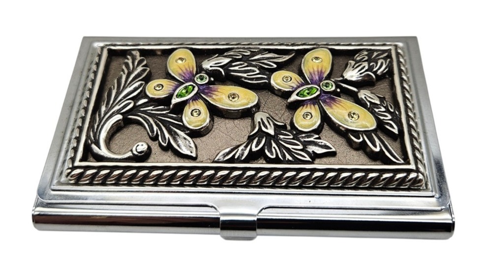NWT Brighton Silver Business Card Holder Butterflies Crystal Retired